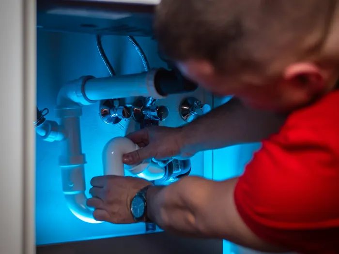 Plombier de dos, mains sur une canalisation sous un évier