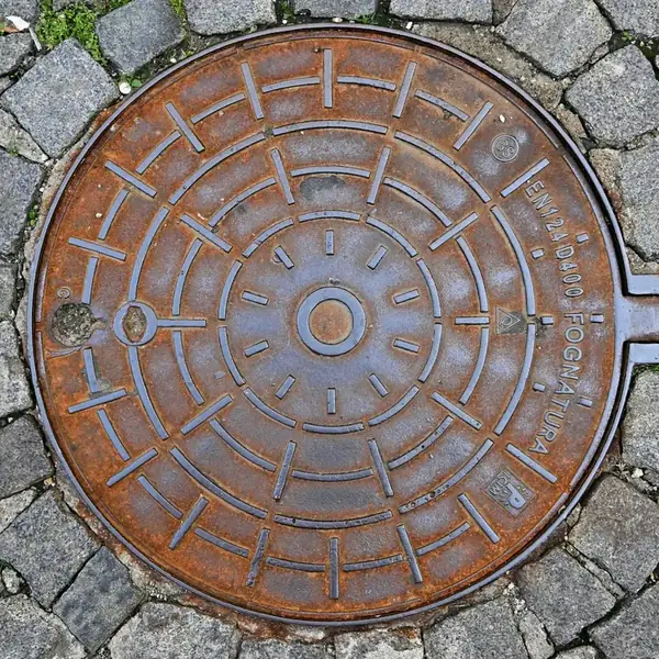 Plaque d’égout en fonte sur des pavés